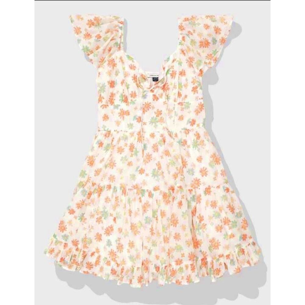 NEW American Eagle AE Dress M Flutter Sleeve Floral Babydoll Mini tiered peasant - Picture 5 of 8